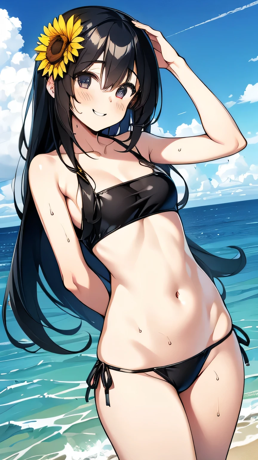 Best image quality,１People Girl,Long Hair,Shiny Hair,black eye,Shining Eyes,smile,Double teeth,(Sunburn,Bikini Bag),sunflower,stream,Water Play,Wet,girl,small,small breasts,Navel Fashion,Brightly colored swimsuits