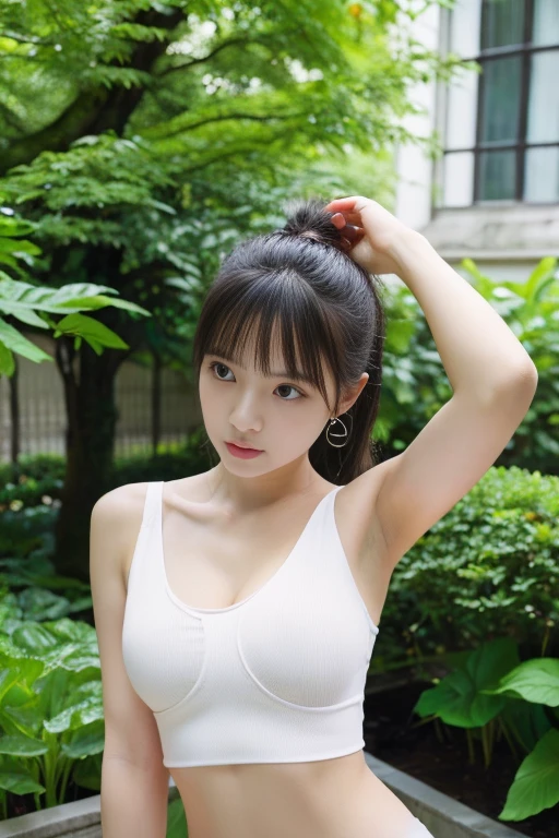 Tabletop, highest quality, Portrait of a Girl、High resolution allows you to see pores and skin texture、((White tank top, Dramatic Pose))、Plain、Image quality of SLR cameras、Various angles and angles、Embankment、Lush、garden、whole body、Small breasts、Cleavage,((Standing with hands behind back、Leaning forward、Angle from above))