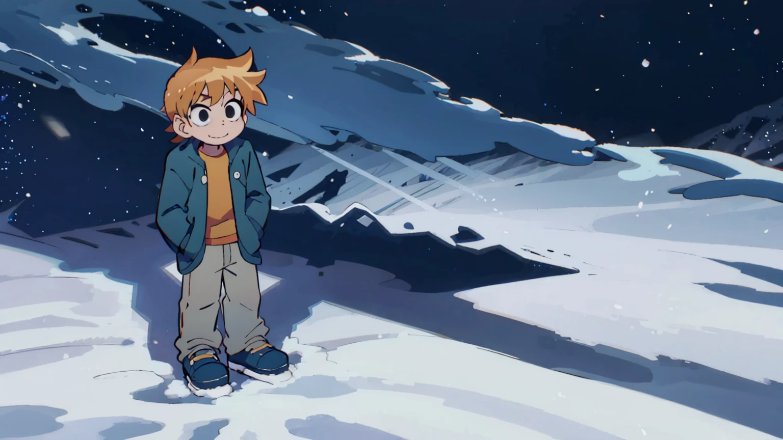 Scott Pilgrim Takes Off A boy Scott Pilgrim Orange hair shirt jacket thick eyebrows Canada A man standing in the snow looking at the camera and smiling full-body shot 