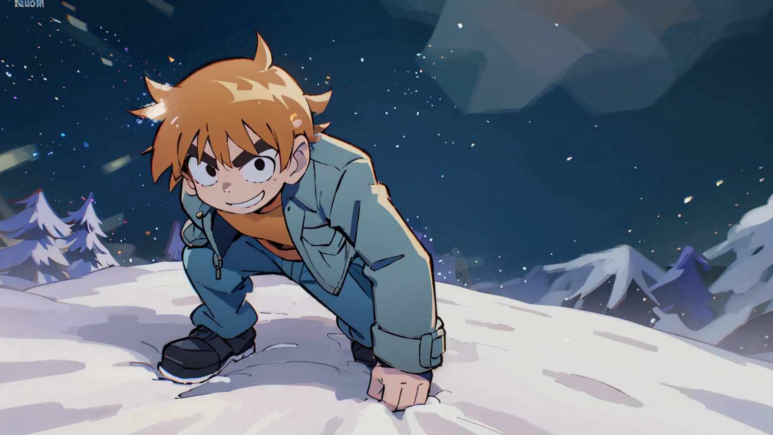 Scott Pilgrim Takes Off A boy Scott Pilgrim Orange hair shirt jacket thick eyebrows Canada A man standing in the snow looking at the camera and smiling full-body shot 