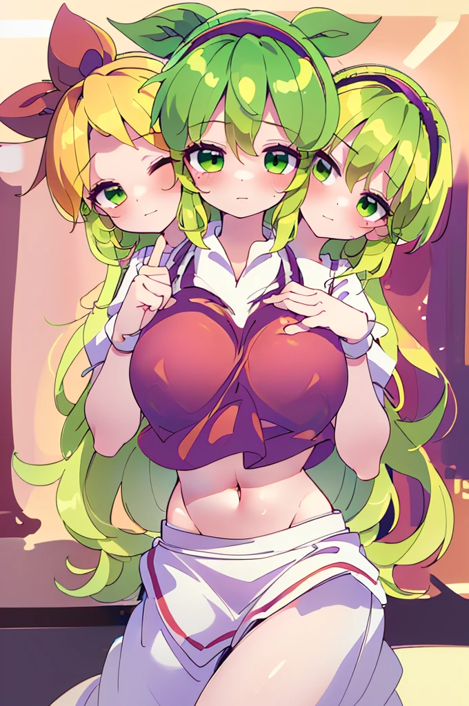 (masterpiece, best quality), best quality, (ultra-detailed), (3heads:1.5), 1girl, (ellen (touhou):1.3), masterpiece, best quality, ultra quality, ultra resolution, ultra detail, red top, crop top, ((stomach)), midriff, ((groin)), red skirt, normal ears, shackles, blonde hair, very long hair, wavy hair, sidelocks, green eyes, parted lips, open belly, sweat, cute, toned belly, hand on own chest, eyelashes, (24 year old woman:1.3), (masterpiece:1.5), (best quality:1.5), (beautiful detailed, extremely detailed CG, extremely delicate and beautiful, depth of field, (finely detailed face), (perfect details:1.3), (mature female:1.4), wide pelvis, slender, large veiny breast, 16k resolution, highres, high quality, high definition, extremely detailed, masterpiece, best quality, blonde hair, long hair, alluring presence, braid, short skirt, close up, big tits, young, hairband, red hairband, waist apron,