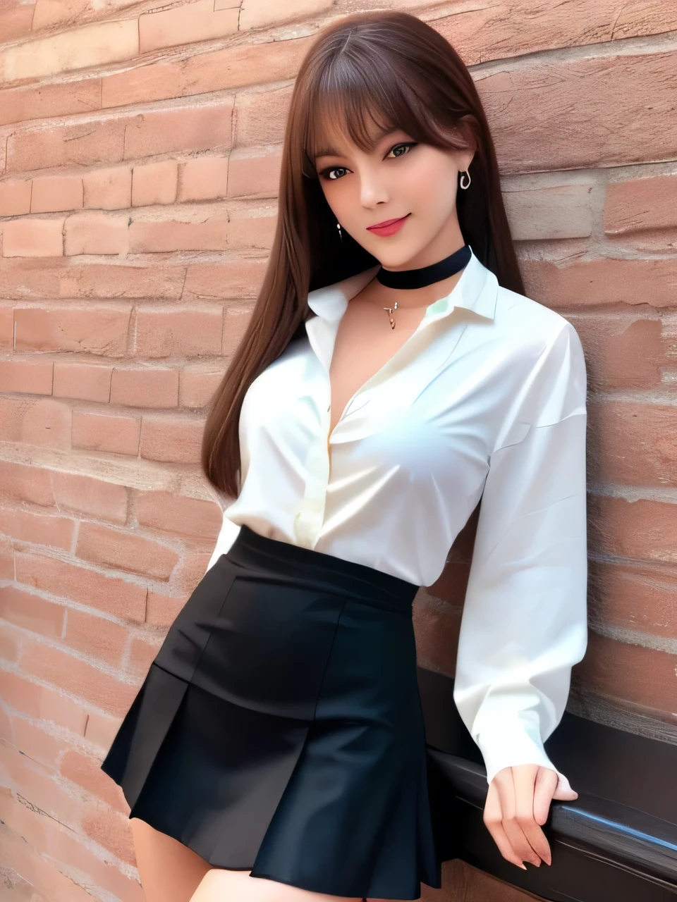 masterpiece, Front view, Cute Japanese aristocratic woman, (輝くBrown Hair, Straight Long Hair), ((Ivory tight shirt, mini skirt)), Very cute face, Glossy Lips, Double eyelids on both eyes, Natural Makeup, Brown Hair, Asymmetrical bangs, High resolution, Attention to detail, Detailed hairstyle, Detailed face, Octane Rendering, Ultra-realistic, Perfect limbs, ((Black choker)), blue eyes, (Big Breasts), ((Slim body:1.5)), Cool Beauty, ((Slim face)), smile, Mature Woman, Browsing Caution:-1.2, Long, Bushy Eyelashes, Cleavage, ((Dracula's Castle)), vamp fangs:1.2, fangs, By mouth２The book&#39;s fangs are showing, Grin, ((White teeth, White Fang))