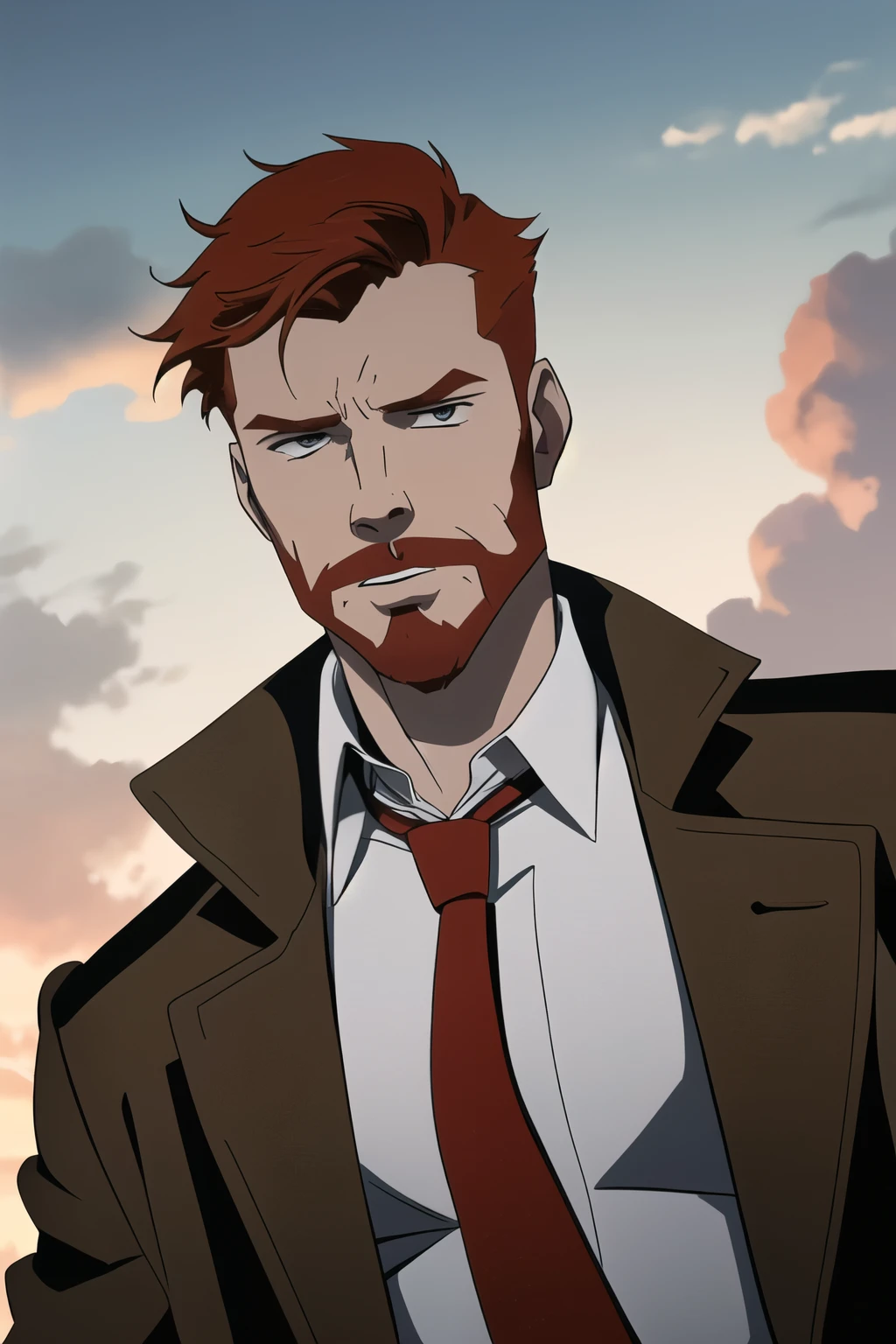 1boy, male focus, solo, ginger hair, necktie, facial hair, red necktie, shirt, trench coat, coat, white shirt, night, outdoors, ((masterpiece))