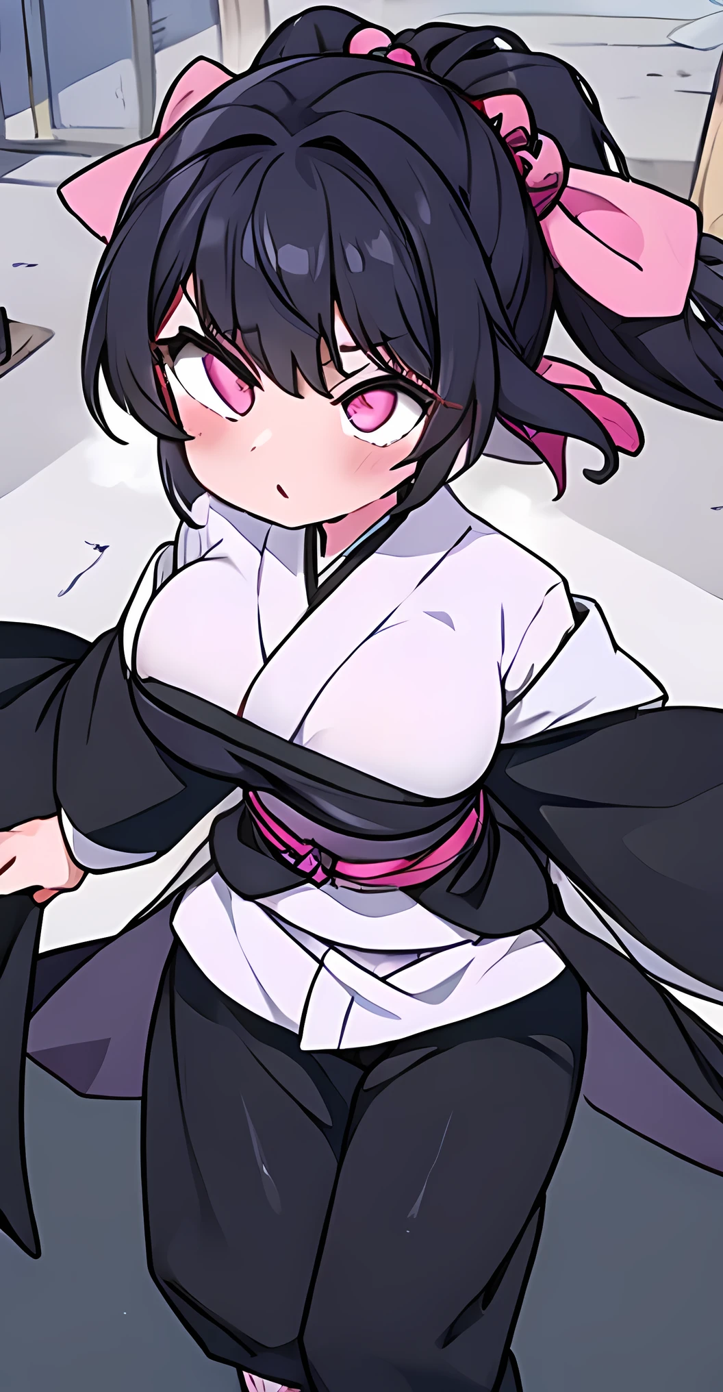 Girl pink eyes black hair white robe black pants cute medieval japanese big tits