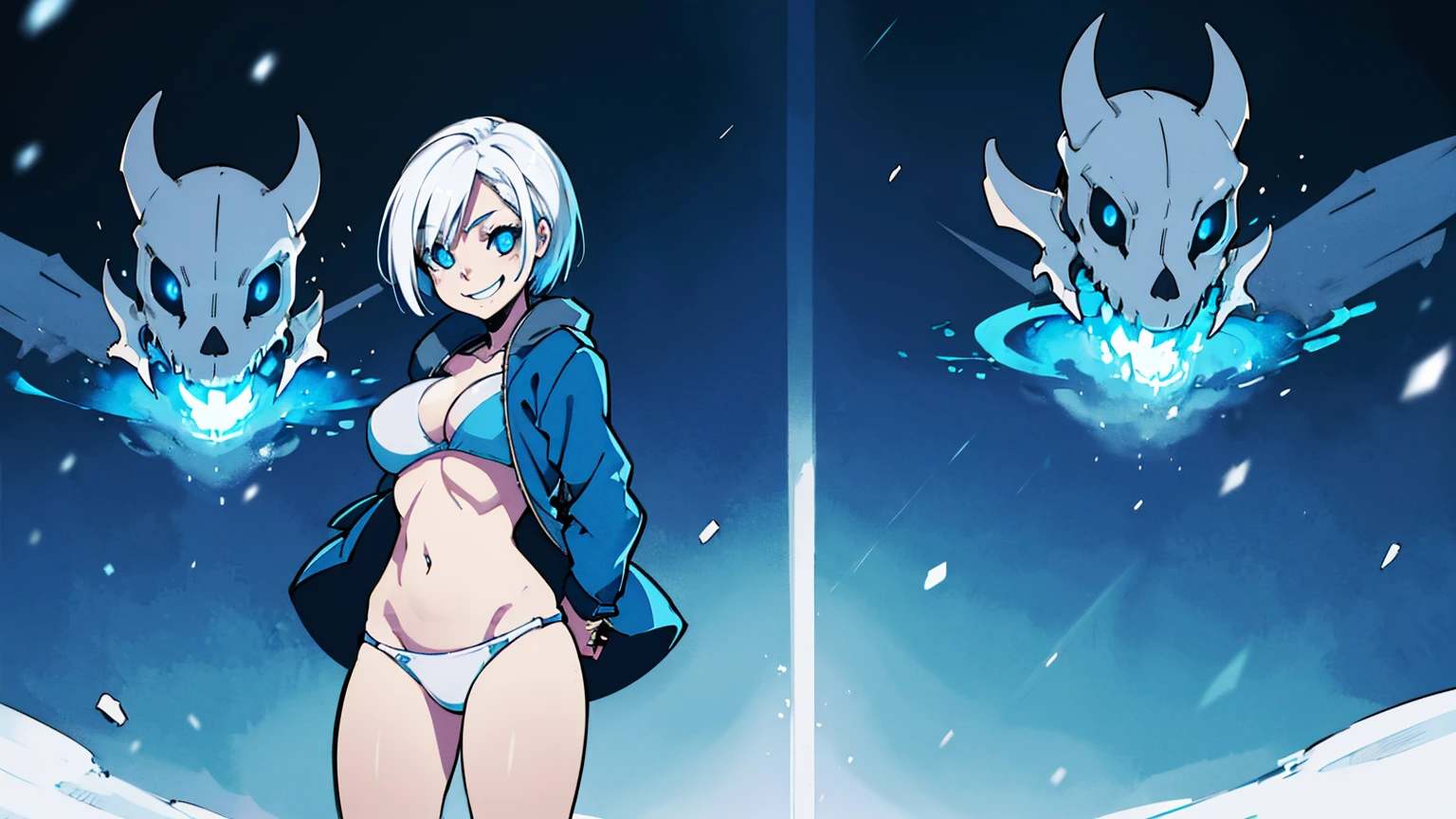 Toby Fox Undertale Sans Blue Jacket ,Fire eyes skull smile white short hair glowing sexy white bikini face blue keel cannon one standing in the snow town Femininefull big breast breast enlargement full-body shot illustration, ultra-detailed, HDR, vibrant colors, soft lighting