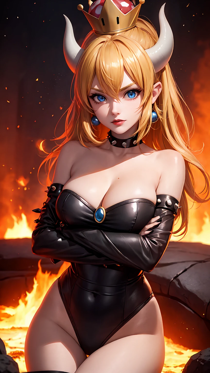 ((high detailed, best quality, 4k, masterpiece, hd:1.3)), ((best quality)), (((HD))), (((8k))), (ultraDH), (ultra HD), Princess Daisy, blue eyes, BREAK blue eyes, seductive, attractive, smooth anime cg art, 36C breasts, long legs, vivid colors, detailed digital art, slim body, perfect skin, dark blonde hair, long hair, blonde hair, blonde hair, BREAK crown, cleavage, 36C cleavage, looking at viewer, BREAK looking at viewer, extremely detailed face, red santa suit, red santa claus suit, santa claus suit, earrings, gem, dark black makeup lips, dark gothic eyeshadows, dark eyeshadows, black eyeshadows, black sexy lips, black lips, (dark:1.2), dark lips, very dark lips, (perfect hands, perfect anatomy), black makeup, black medium lips, black thick lips, detailed fingers, five fingers per hand, 5 fingers, (1 girl), detailed lips, detailed black lips, black painted lips, gothic painted lips, BREAK night, night sky, (breast focus), (arms outstreched:1.2), (from above:1.1), (breasts out:1.3), (off shoulder:1.1), (white horns), inside a lava castle, she inside a sea of lava, she bathing in lava,