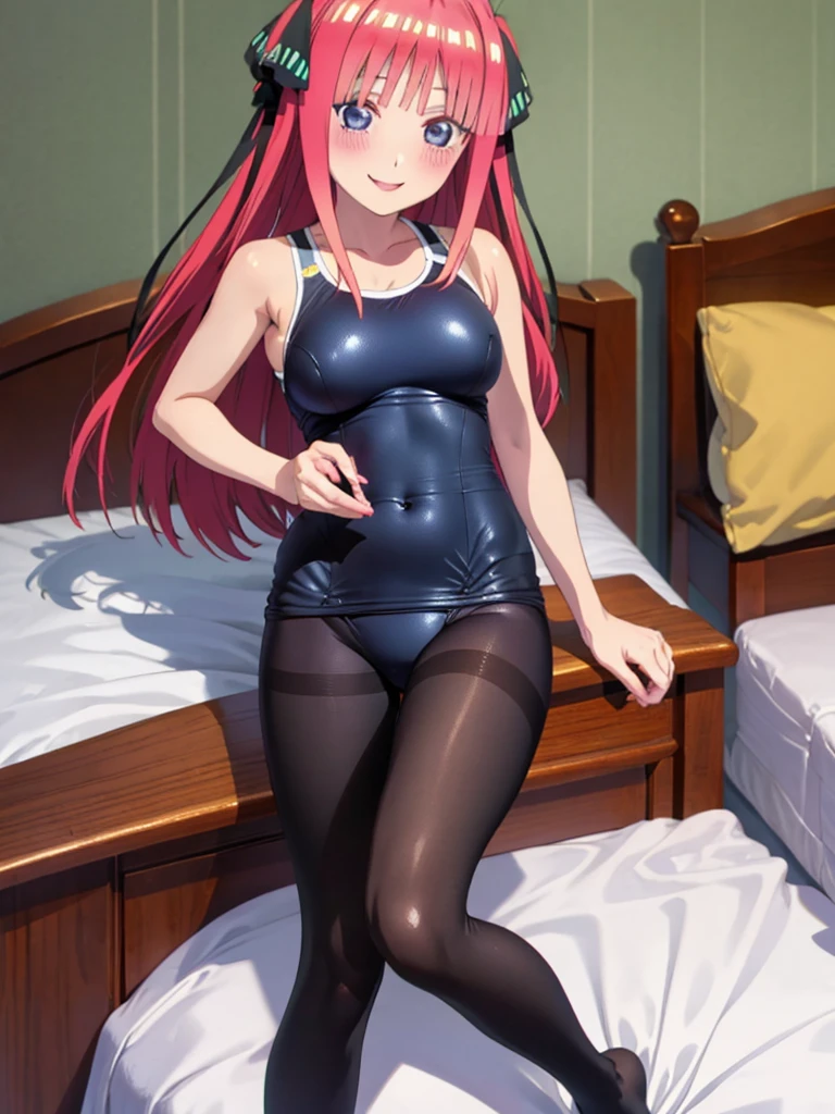 best quality, ultra-detailed masterpiece, nino nakano, one-piece swimsuit, breasts, pantyhose, blush, smile, bed room