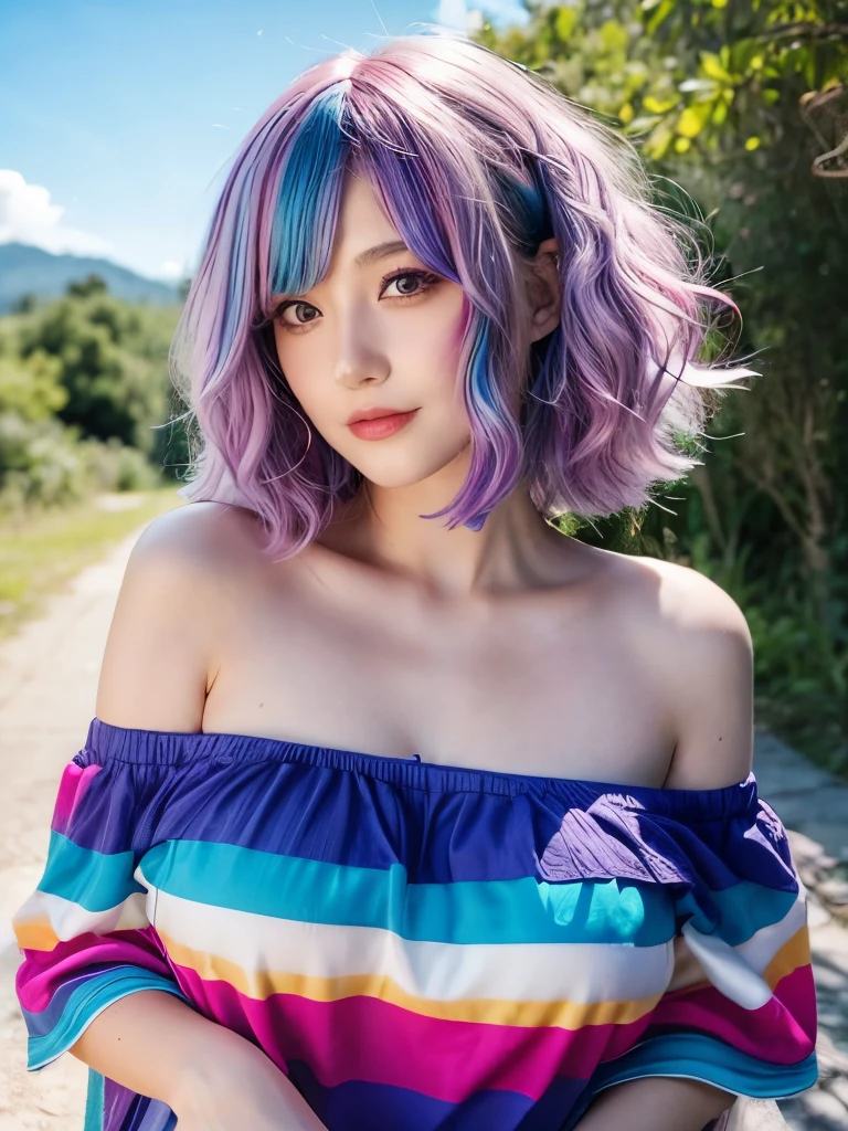 woman, poofy hair, rainbow hair, outdoors, breasts, off the shoulder