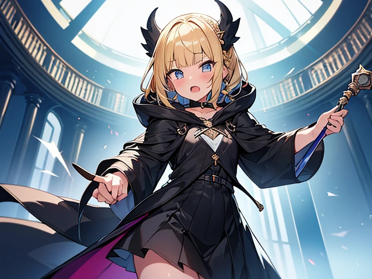 Masterpiece, Top quality, (1 beautiful girl), junior high school student, Blonde, short Hair, Braided hair, wavy Hair, blunt bangs, standard weight, (very flat chest):1.6, (very large dark sorceress long robe with hood):1.3, pleated skirt, angry, open mouth, holding a magic staff, attacking with magic, beautiful scene of fantasy world, cowboy shot, Clothes swaying in the wind, big magic circle
