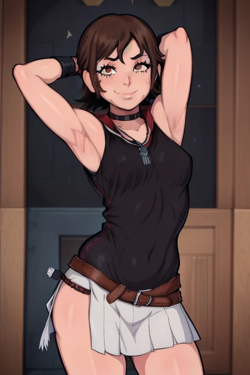 masterpiece, best quality, looking at viewer, upper body, portrait, looking at viewer, seductive smile, put your hands behind your head, armpits, armpits visible, sweaty armpits, Iris Amicitia, very small breasts, short brown hair,