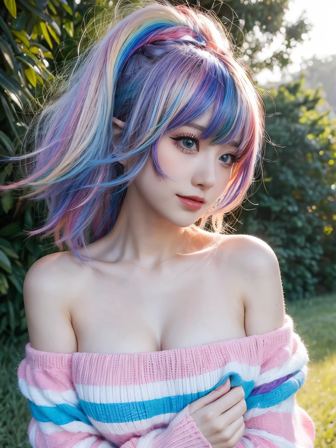 woman, poofy hair, rainbow hair, outdoors, breasts, off the shoulder