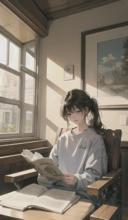 It depicts a person comfortably relaxing in a quiet room with sunlight shining through it. A peaceful landscape spreads out in the background, creating a perfect atmosphere for studying, working, or relaxing.