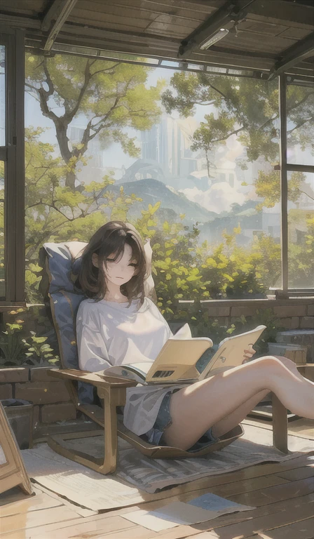 It depicts a person comfortably relaxing in a quiet room with sunlight shining through it. A peaceful landscape spreads out in the background, creating a perfect atmosphere for studying, working, or relaxing.