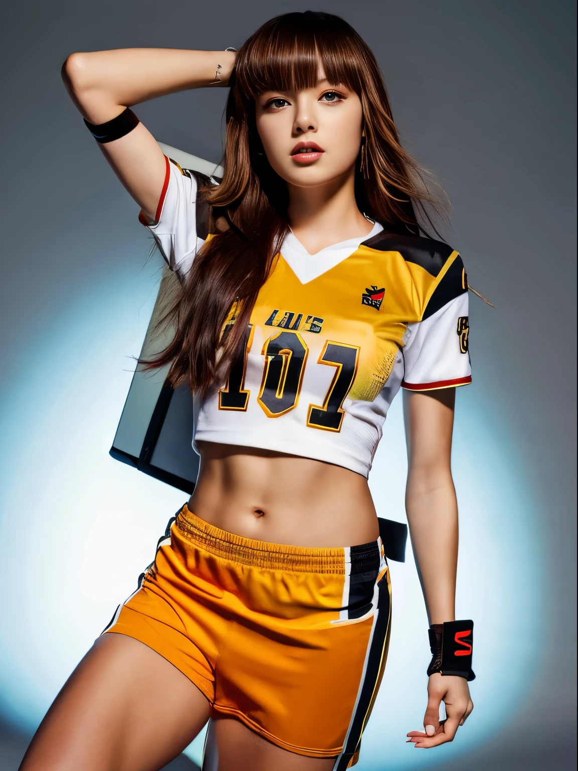 masterpiece, superlative, Practical, Lisa wears stylish football uniform, Long hair, The waist is open, HD, Photography Lighting, 16K