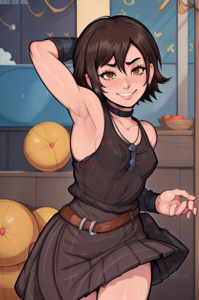 masterpiece, best quality, looking at viewer, upper body, portrait, looking at viewer, seductive smile, put your hands behind your head, armpits, armpits visible, sweaty armpits, Iris Amicitia, very small breasts, short brown hair,