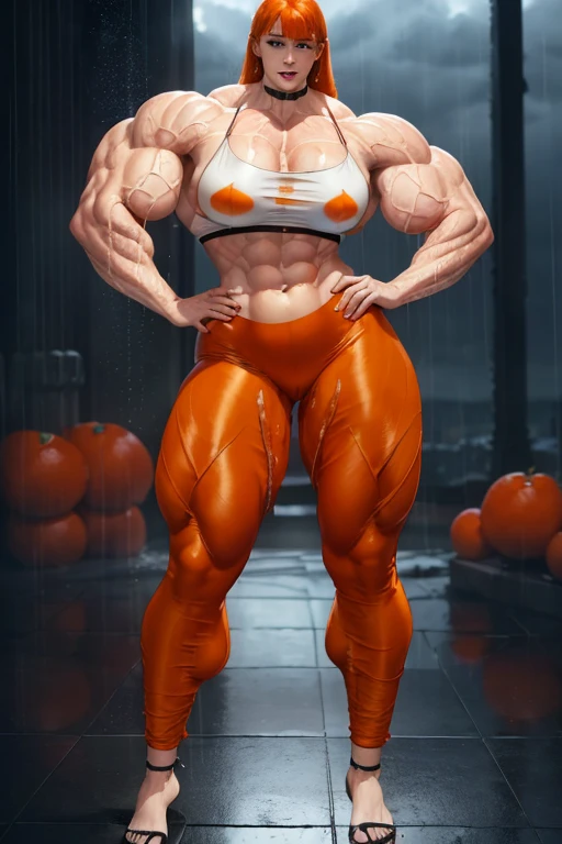 (((((Massive tall, beautiful, buff, soaking wet, pale white skinned muscular woman with orange hair, black lipstick, ginormous bulky muscles, beautifully posing and wearing a silk orange bra with orange silk pajamas pants))))), close view, massive muscle, massive biceps, hyper muscle shoulders, (massive muscle arms), vascular shoulders, hyper muscle triceps, (long shaggy hair), green eyes, choker, slippers, (in middle of a thunder shower), confidant smile, night, hyper vascular arm, hyper muscles arms, hyper muscle legs, (massive arms).