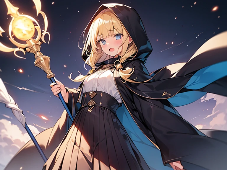 Masterpiece, Top quality, (1 beautiful girl), junior high school student, Blonde, short Hair, Braided hair, wavy Hair, blunt bangs, standard weight, (very flat chest):1.6, (very large dark sorceress long robe with hood):1.3, pleated skirt, angry, open mouth, with a magic staff, attacking with magic, beautiful scene of fantasy world, cowboy shot, Clothes swaying in the wind