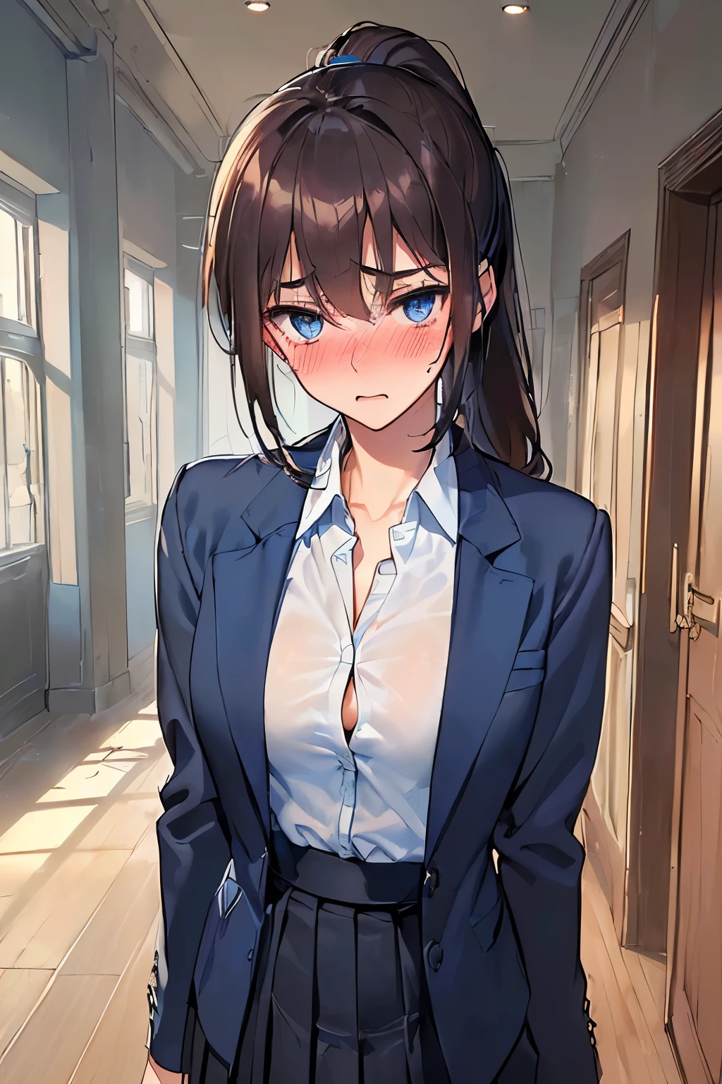((best quality)), ((masterpiece)), ((detailed)), (((perfect face))), (((slender 18yo age girl))), (((dark blue suit jacket))), ((dark blue pleated skirt from waist to thighs))), ((dark brown hair)), ((short ponytail)), (((blue eyes))), ((blushing:1.5)), (((looking at viewer))), (((unbuttoned white shirt))), (((interior school corridor))), (((clea))), (((standing))), (((aghast:1.4)))