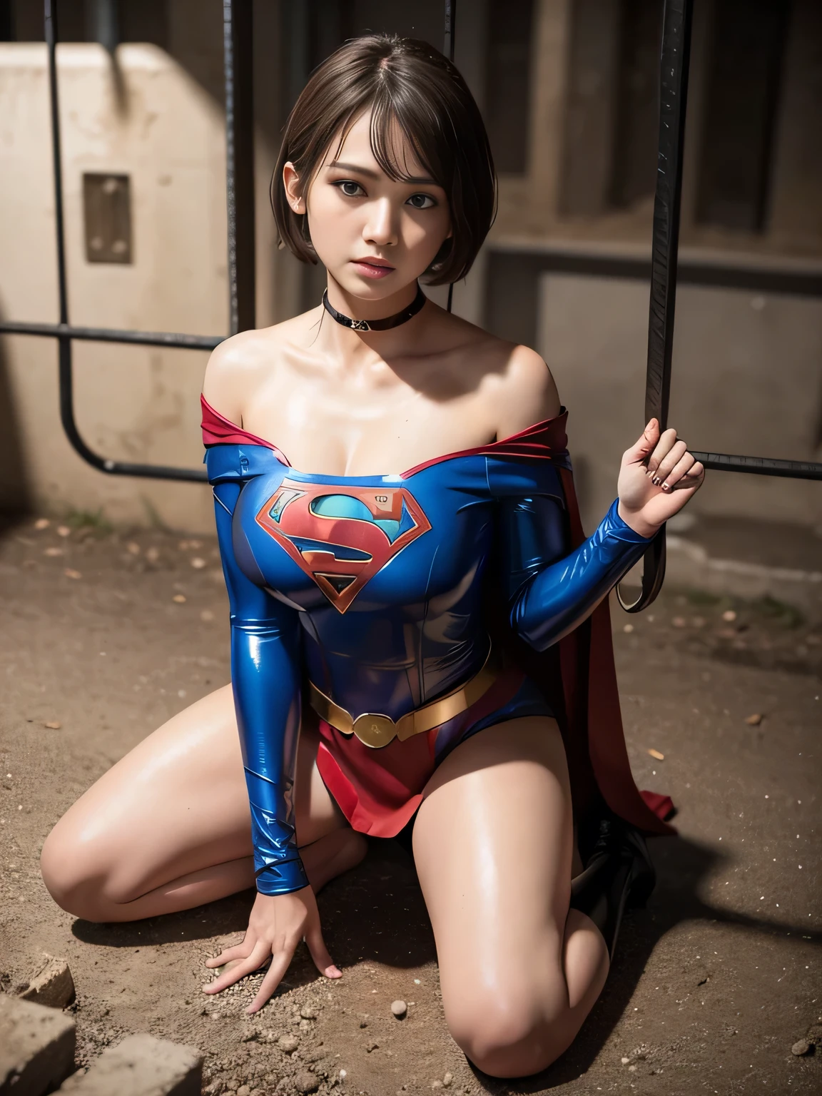 masterpiece、Supergirl Costume、short hair、barefoot、Big and ample breasts、Crisis situation、Complete surrender、Underground Prison、In a cage、Abused、Kneel、Sweaty、Shiny、looking at the camera、Rusted chains、choker、Long sleeve、Sexy poses to seduce、Poor environment、Humiliating、Off the shoulder、latex、