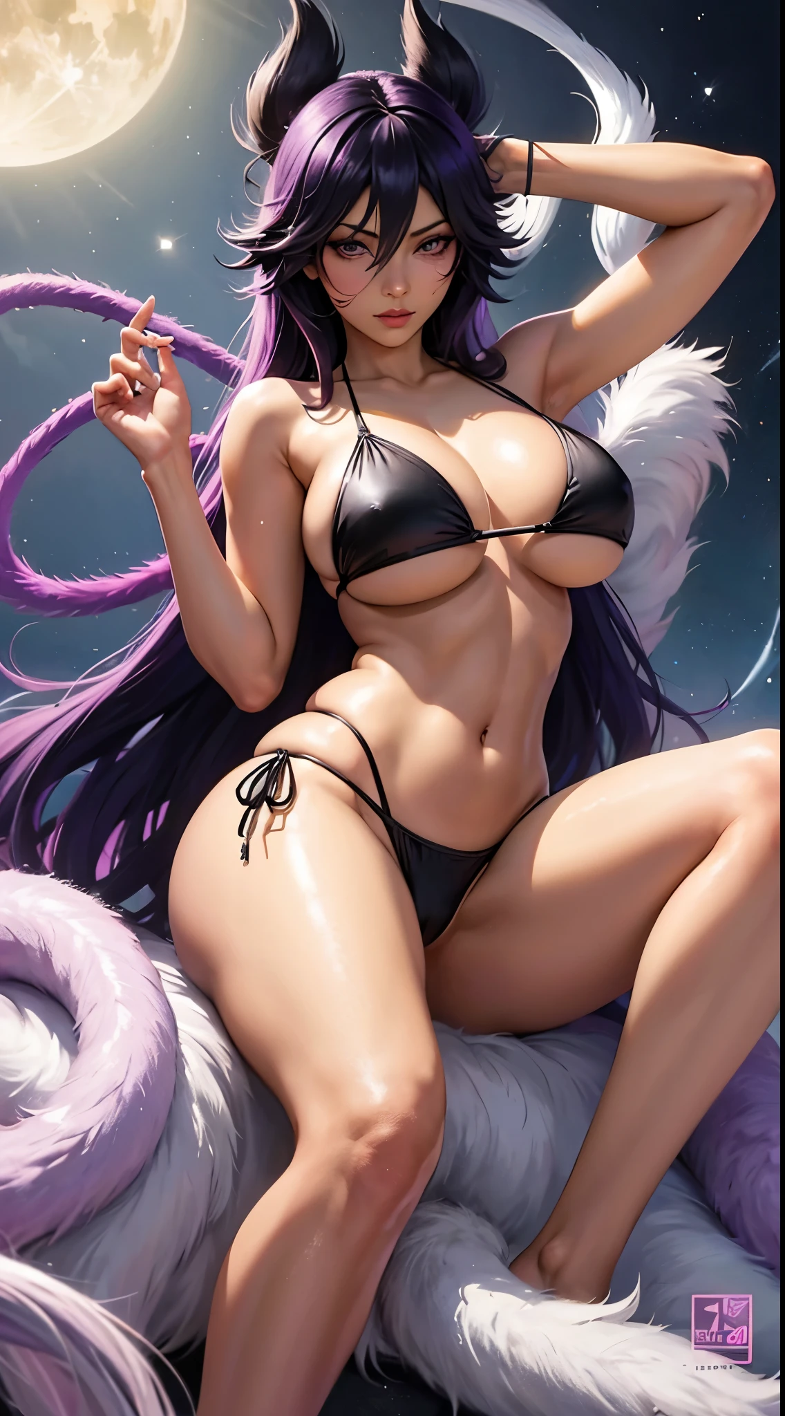 Yoruichi de bleach, nue (huge tits), cheveux violet, yeux jaunes, Haut du corps, peau bronzee, abdos, bikini comme s'ils n'existaient pas, deserted beach, gros seins, gigantesque seins, 4K ultra UHD, mains parfaites, cing doigts, yeux parfaits, bikini dentelle rouge, peau marron