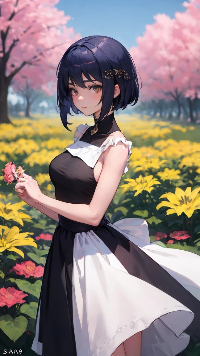 sara kujou | impacto genshin, obra maestra, mejor calidad, 1 chicas,25 years, proporcional body, proporcional., Vestidos de novia, Vestido de novia blanco, Falda larga, boda, ,bara, Standing in the middle of a flower garden, exterior, boda, el cielo es hermoso, Ambas manos sostienen un ramo de flores..........................................................., Ver a los espectadores desde el frente., correa del muslo, nod, aburrido, 10, 10, High Definition, leve sonrisa,