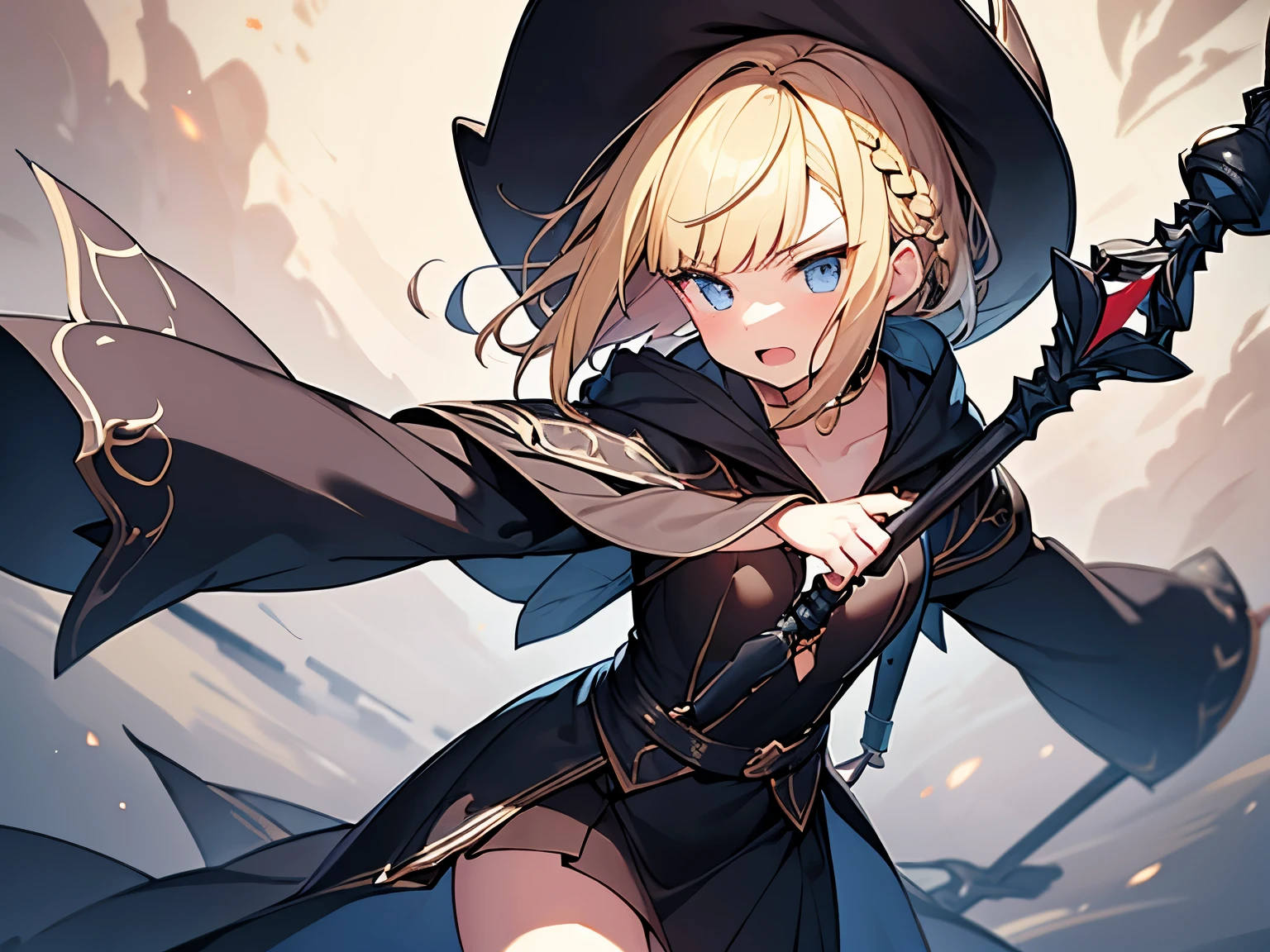 Masterpiece, Top quality, (1 beautiful girl), junior high school student, Blonde, short Hair, Braided hair, wavy Hair, blunt bangs, standard weight, (very flat chest):1.6, (very large dark sorceress long robe with hood):1.3, pleated skirt, angry, open mouth, with a magic staff, attacking with magic, beautiful scene of fantasy world, cowboy shot, Clothes swaying in the wind