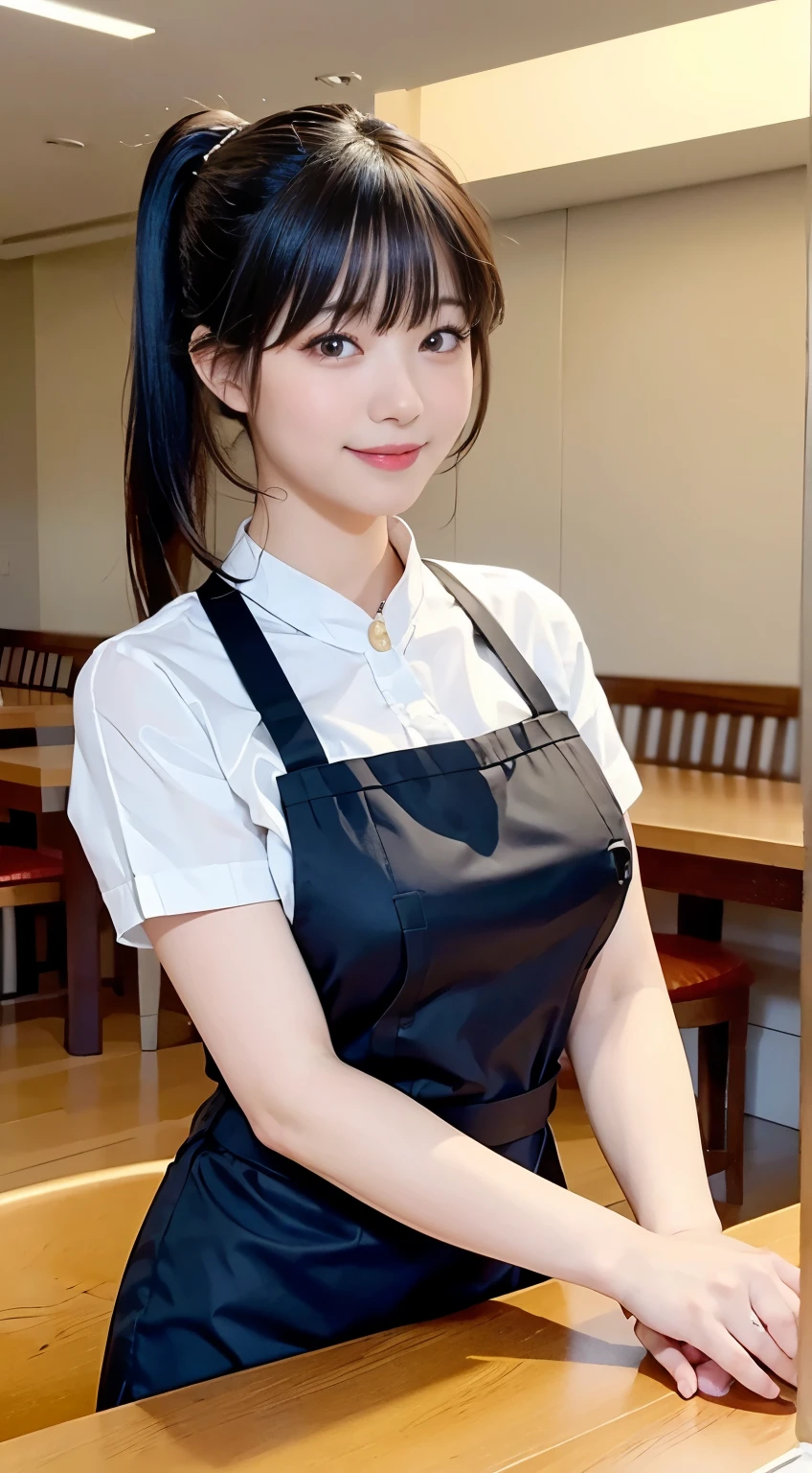 (highest quality,masterpiece:1.3,Ultra-high resolution,),(Very detailed,Caustics),(Photorealistic:1.4,RAW shooting,)Ultra-Realistic Capture,Very detailed,High resolution 16K human skin closeup。 Natural skin texture、,Pores、、、、It must be detailed enough to be easily identifiable。 Skin tone is even and healthy looking。 Use natural light and color,restaurant,Waitress Uniform,1 girl,Japanese,18-year-old,cute,Black-haired,ponytail,Big Breasts,smile,Turn your body forward,(Front view:1.1),Looking at the camera,Cowboy Shot,
