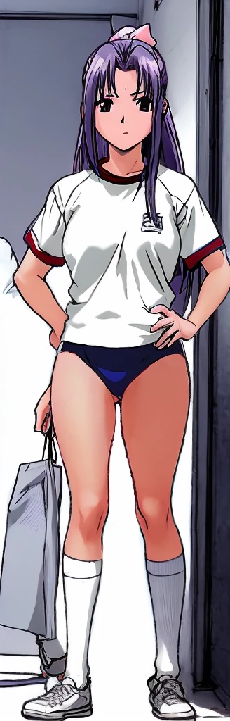 Momoko Koigakubo, a tall girl with beautiful legs, is standing from behind in a white gym uniform and light-colored navy blue bloomers that look like panties.。