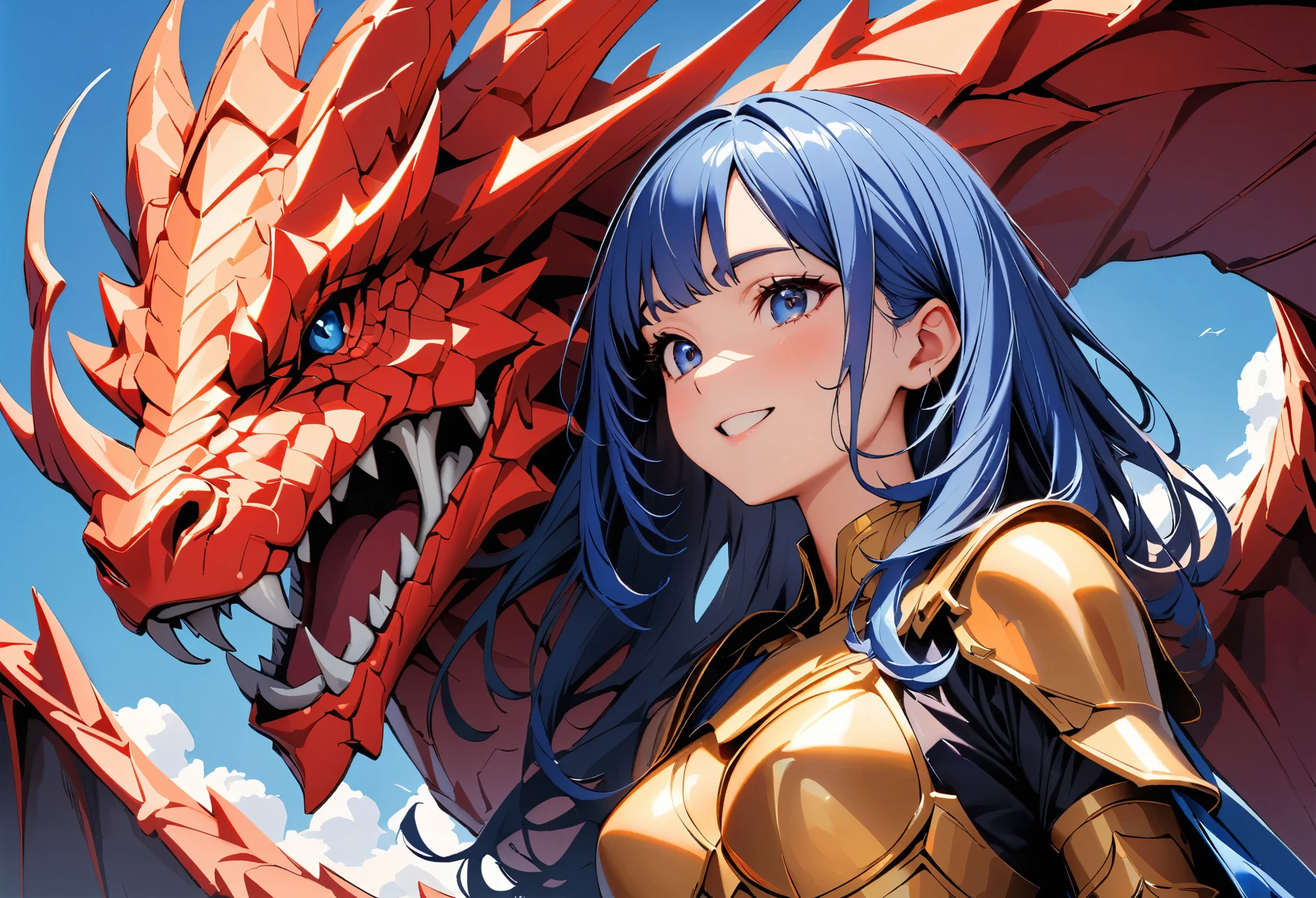 (highest quality:1.2, Very detailed, Latest, Vibrant, Ultra-high resolution, High Contrast, masterpiece:1.2, highest quality, Best aesthetics), (Small face), (Very detailedな肌:1.2), One Woman, beautiful girl, Beautiful Face, ((Girl in Golden Armor, Communicate with the big red dragon)), The story of the girl and the dragon, Detailed scales of a red dragon, Big Wings, Fantasy, Clear blue sky, Bright color palette, Very happy,