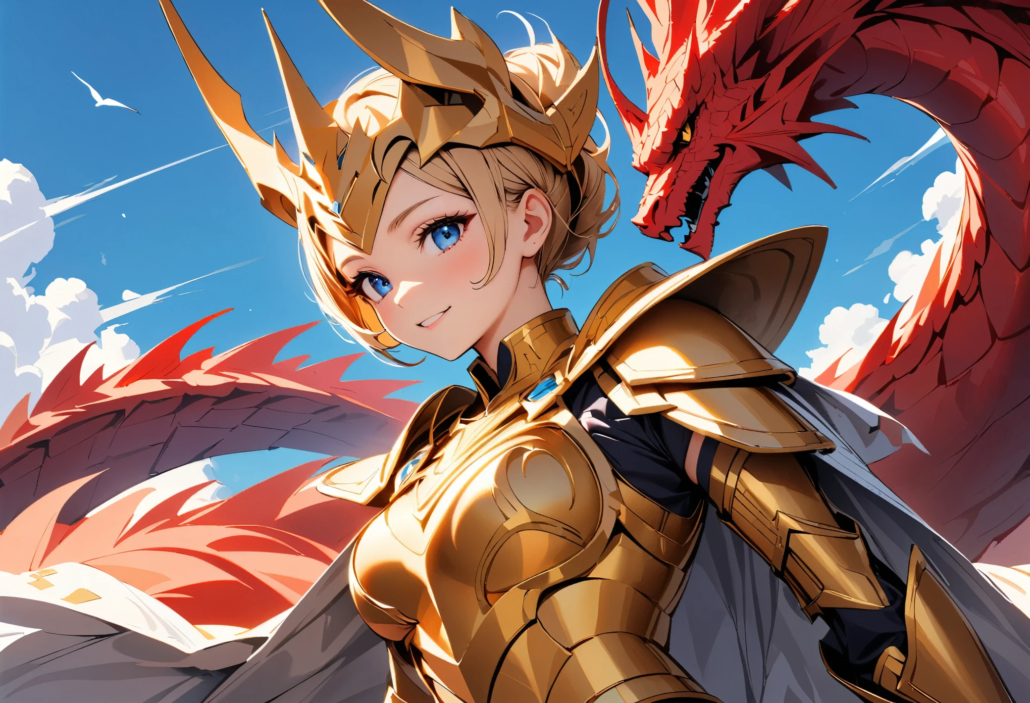 (highest quality:1.2, Very detailed, Latest, Vibrant, Ultra-high resolution, High Contrast, masterpiece:1.2, highest quality, Best aesthetics), (Small face), (Very detailedな肌:1.2), One Woman, beautiful girl, Beautiful Face, ((Girl in Golden Armor, Communicate with the big red dragon)), The story of the girl and the dragon, Detailed scales of a red dragon, Big Wings, Fantasy, Clear blue sky, Bright color palette, Very happy,