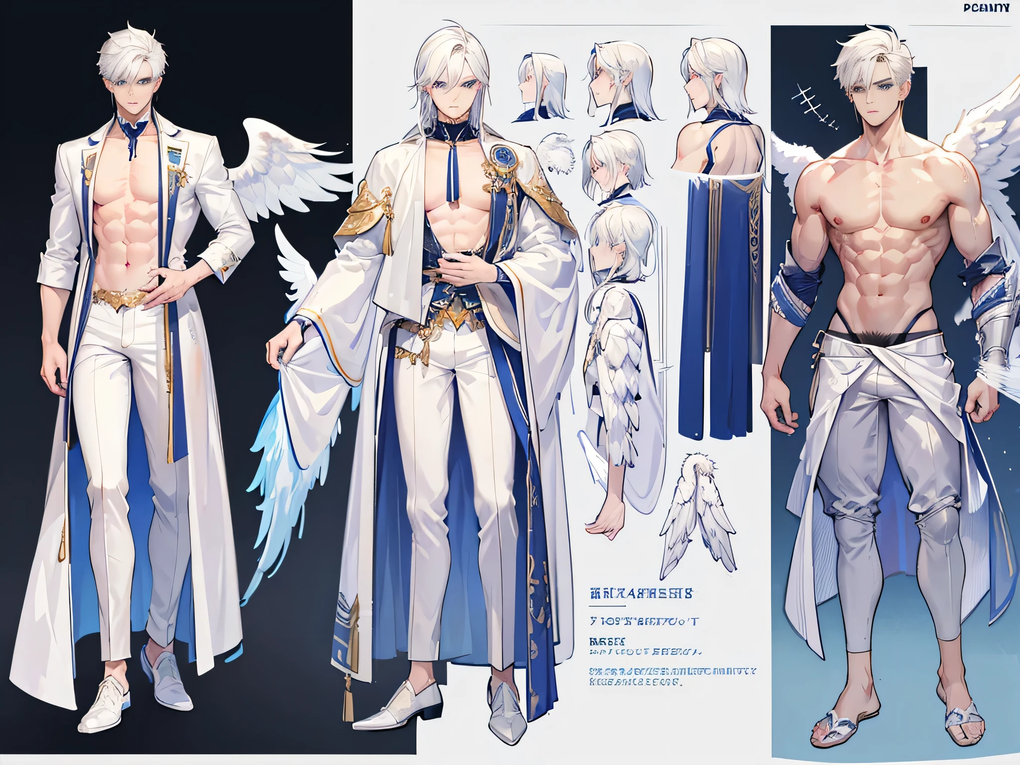 ((Masterpiece, Highest quality)), Male, boy, Detailed face, character design sheet， full bodyesbian, Full of details, frontal body view, back body view, Highly detailed, Depth, Many parts, angel wings, white hair, angel outfit, Muscle boy with white hair，handsome man, male angel , man tall, abs, pectoral muscle