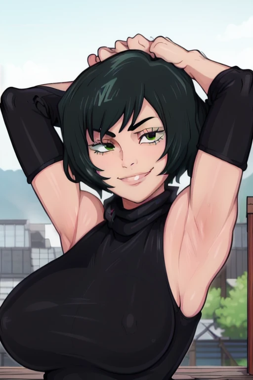 masterpiece, best quality, looking at viewer, upper body, portrait, looking at viewer, seductive smile, put your hands behind your head, armpits, armpits visible, sweaty armpits, mai zenin, very large breasts, short green hair, wearing black tanktop, , turtleneck, sleeveless,