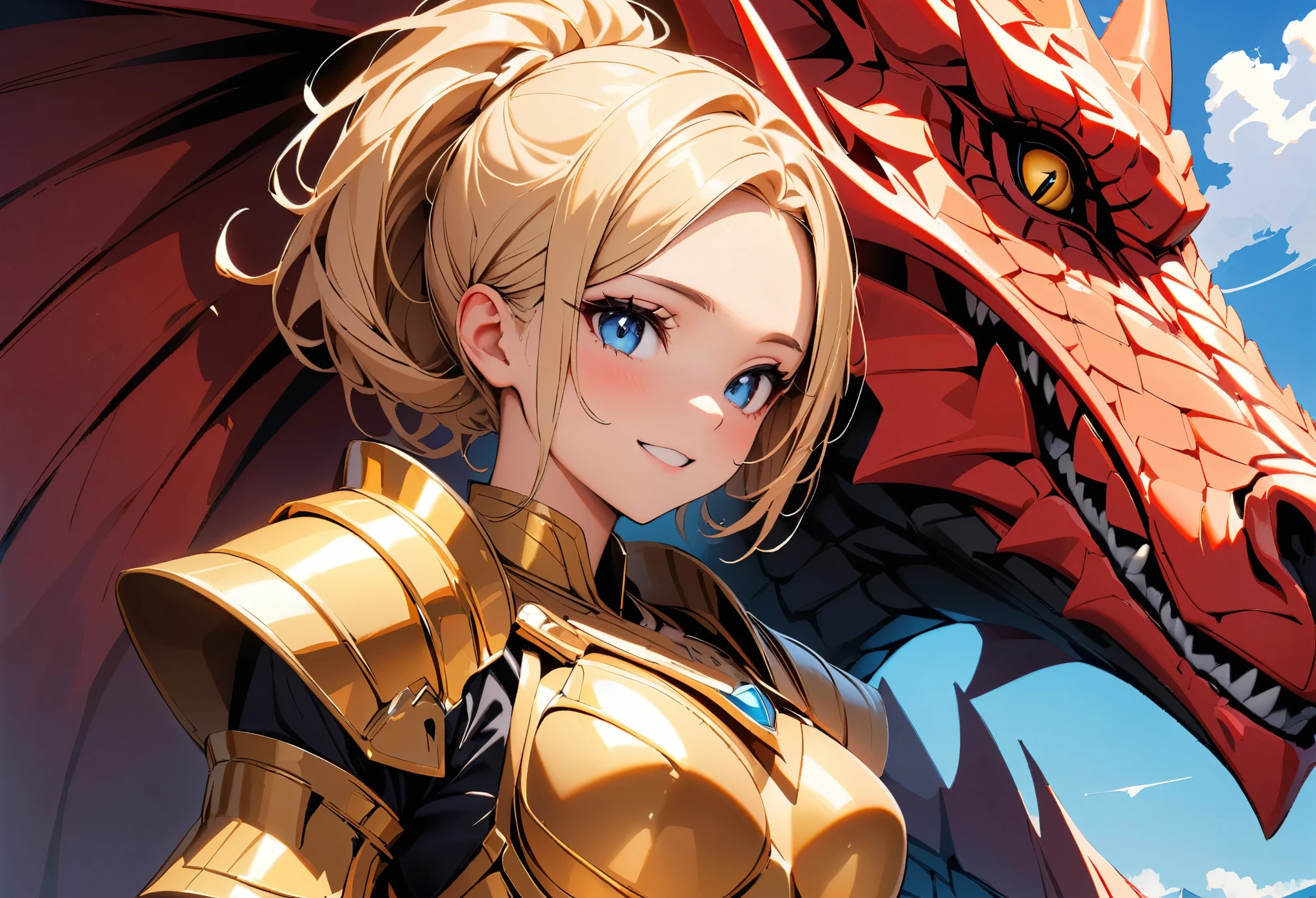 (highest quality:1.2, Very detailed, Latest, Vibrant, Ultra-high resolution, High Contrast, masterpiece:1.2, highest quality, Best aesthetics), (Small face), (Very detailedな肌:1.2), One Woman, beautiful girl, Beautiful Face, ((Girl in Golden Armor, Communicate with the big red dragon)), The story of the girl and the dragon, Detailed scales of a red dragon, Big Wings, Fantasy, Clear blue sky, Bright color palette, Very happy,