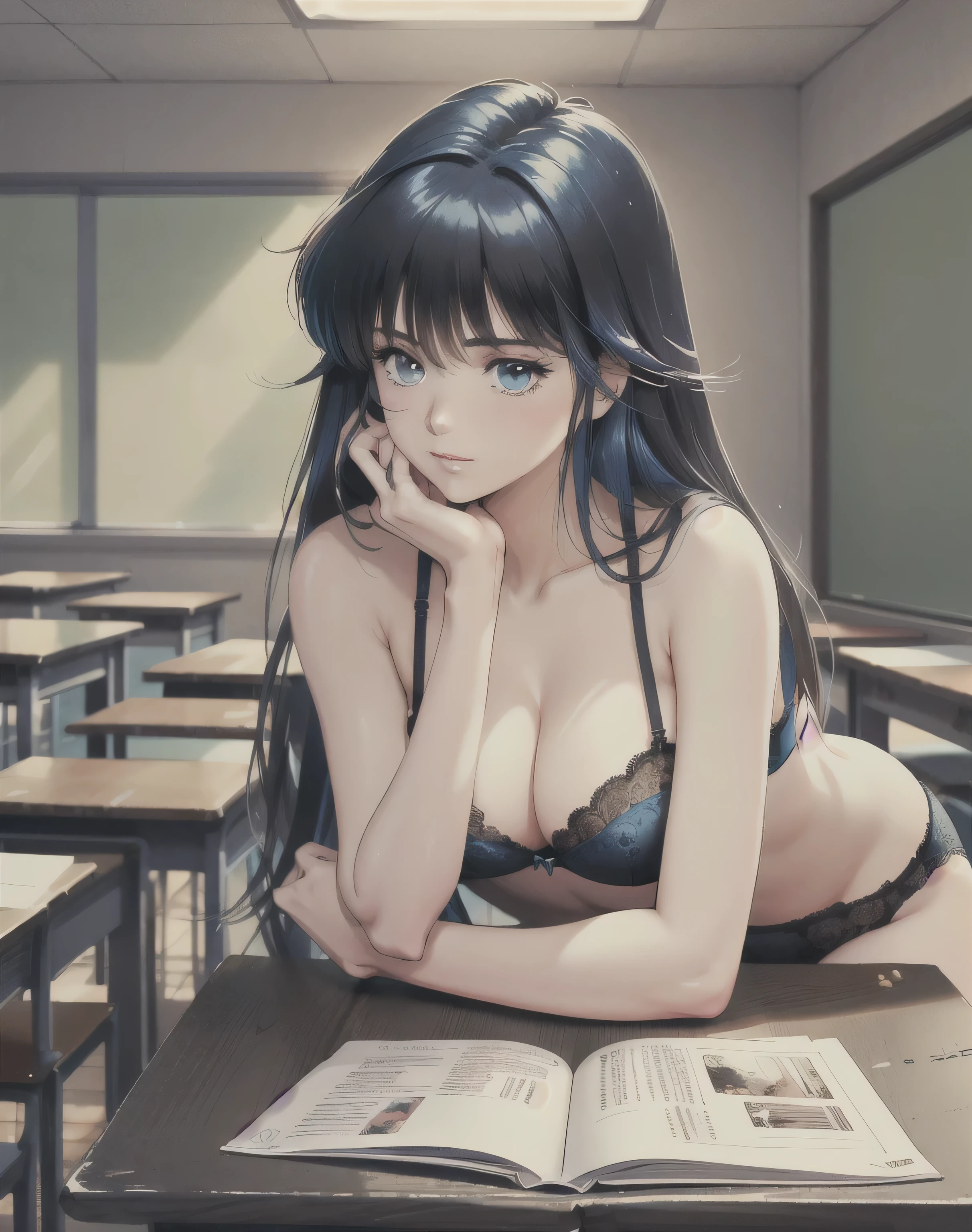 (masterpiece, highest quality, 16ｋAnime image quality, High resolution, Anime Style, Clean brush strokes, Very detailed, Perfect Anatomy), 1 person, alone,(ayukawa madoka), sexy, Mature face, Sexy smile、Extremely detailed eyes、Blue Eyes, (Blue Hair、Long Hair、Straight)、Tabletop, (Penetration: 1.2),((Short bra:1.5、Lace、Detailed and accurate)), Glamorous body, (Huge breasts:1.7, Stunning valley)、(Slim waist、Smooth)、Big hips:1.4、Big Ass 1.5、((High leg panties、Detailed lace)), Sexy Poses,refer to４Bookの中に親refer to１Book, (Classroom Background、On a desk in the classroom)、