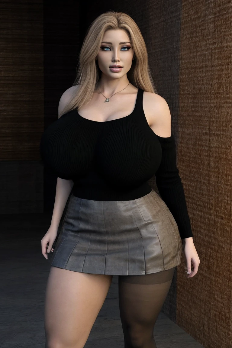 1girl in, age19, Solo, Long hair, Colossal , Looking at Viewer, blondehair, Bare shoulders, Brown eyes, jewely, Full body, short skirt black tights black pantyhose a necklace, off shoulders, Sweaters, Realistic, A sexy, wide hips, thick thighs, huge ass, enormous huge natural breasts, cleavage, mature mom,detailed fingers, accurate fingers