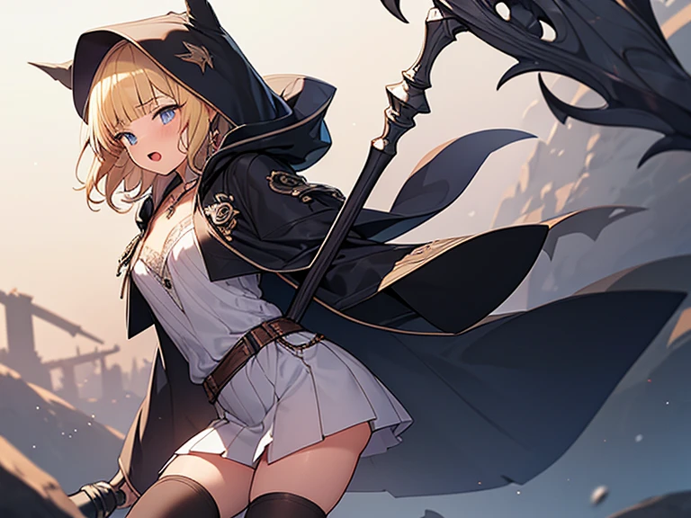 Masterpiece, Top quality, (1 beautiful girl), junior high school student, Blonde, short Hair, Braided hair, wavy Hair, blunt bangs, standard weight, (very flat chest):1.6, cleavage, (very large dark sorceress long robe with hood):1.3, pleated skirt, angry, open mouth, with a magic staff, attacking with magic, beautiful scene of fantasy world, cowboy shot, Clothes swaying in the wind
