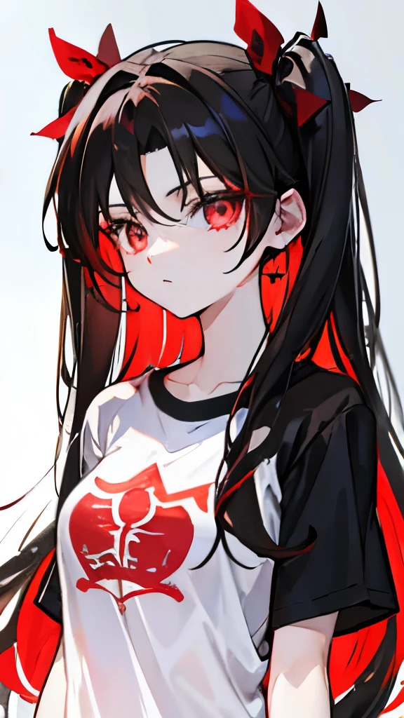 Black hair, carmesin eyes, red EYEs, T-shirt, only sunny day, 16 Yo, long hair, hair tohsaka