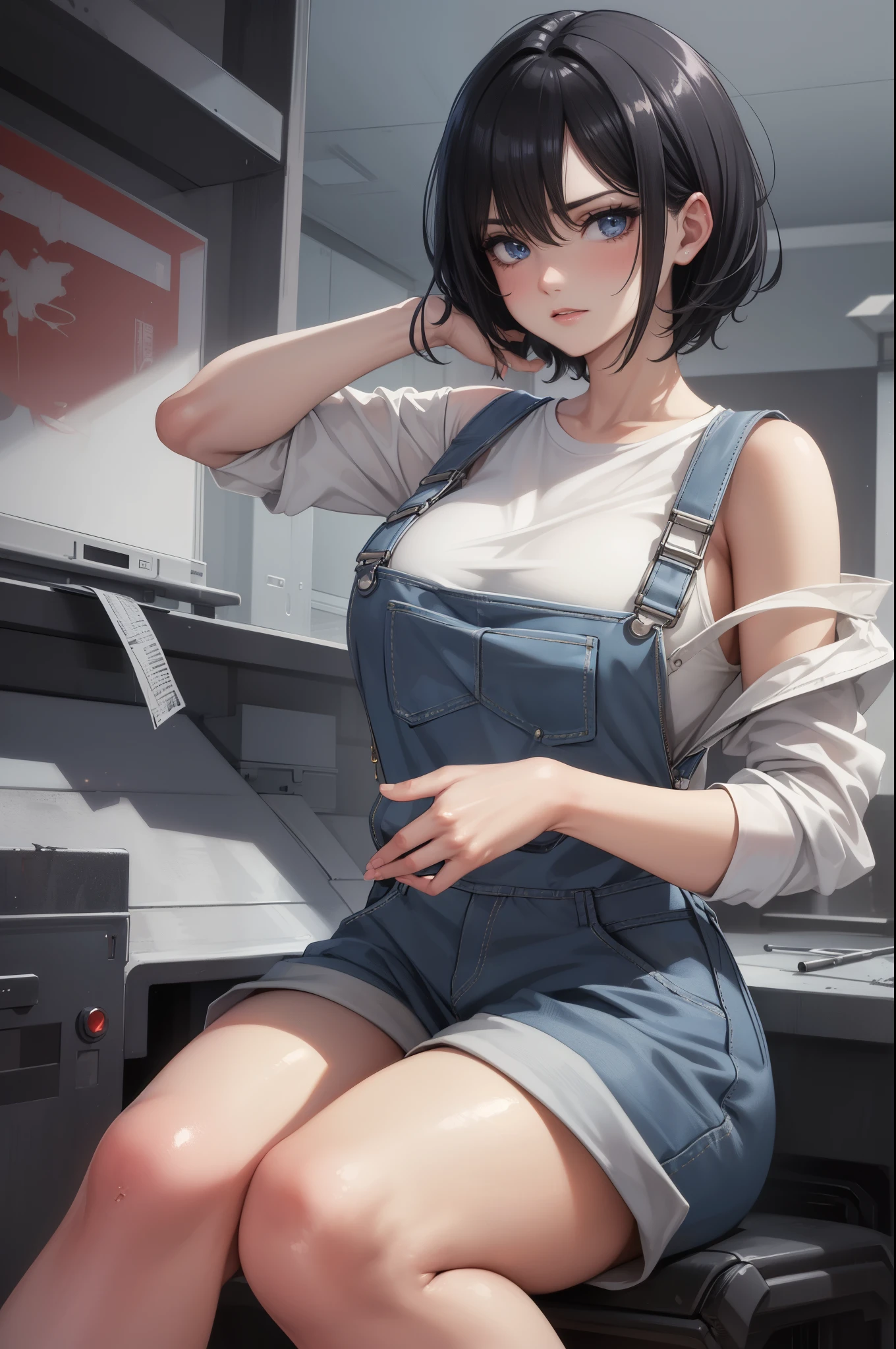 8k,masterpiece, bset quality,big, (1 girl), 2B, blue_eyes, black hair, short hair, professional lighting, (shiny skin: 1.2), shiny big, ((best quality)), sharp focus: 1.2, highly detailed face and skin texture, perfect face, perfect body, blur art, cg, background, Big breasts, presence (20yo, mature cool and beautiful face), wearing ((dirty overalls), white taut shirt, thigh), blush, (mittgal), random pose, top view, perfect eye, angry face