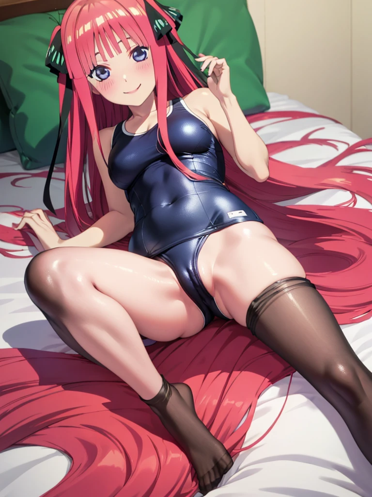 best quality, ultra-detailed masterpiece, nino nakano, one-piece swimsuit, breasts, pantyhose, blush, smile, bed room, open pussy