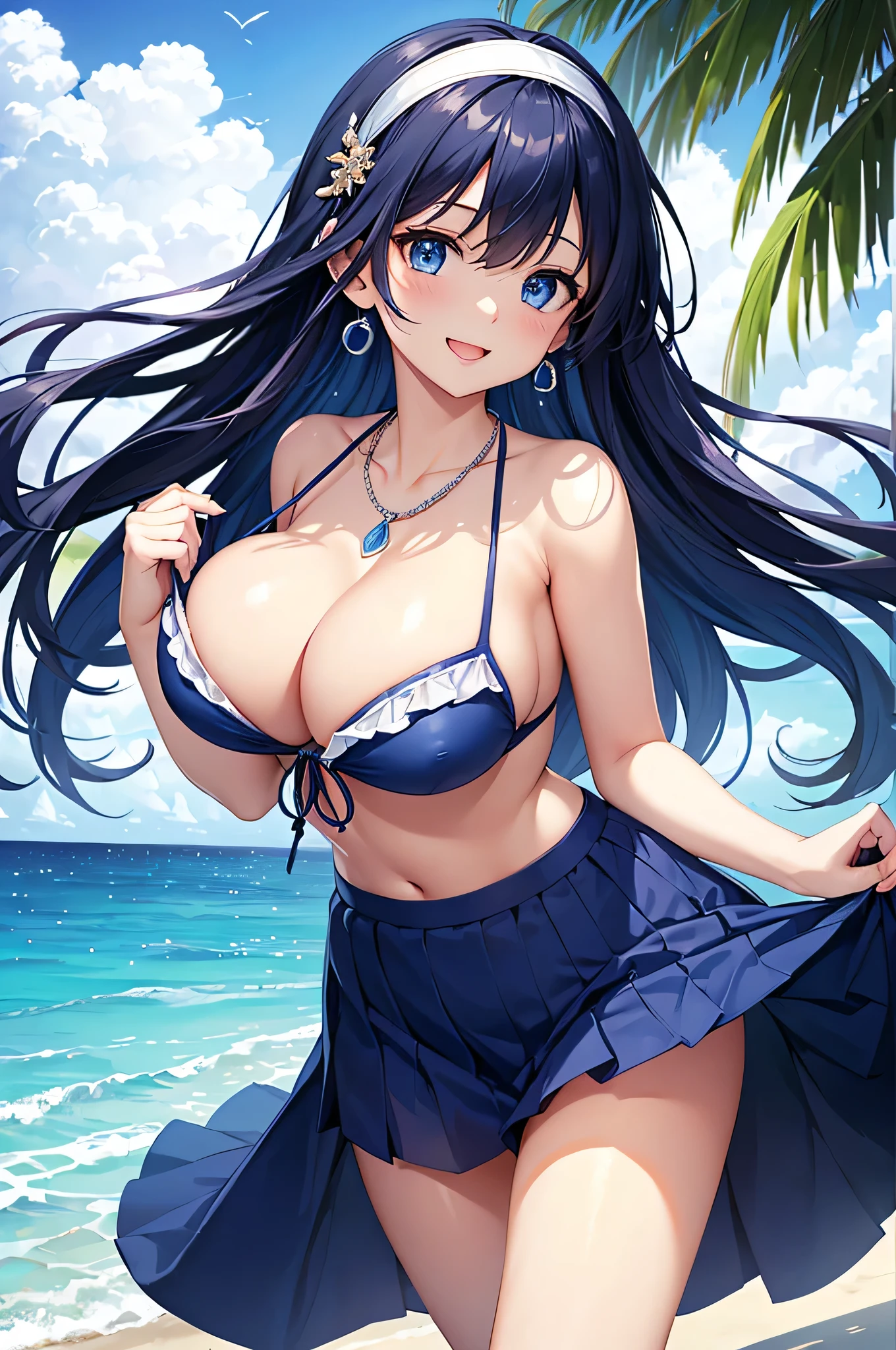 highest quality、Best image quality、masterpiece、beautiful girl、Navy blue long hair、blue eyes、Navy Blue Bikini、Big cleavage、(Big Breasts)、smile、blue necklace、Blue Earrings、background(Beach)、Sexy pose、Please open your mouth wide、Navy Blue Skirt、White headband、Dynamic Angle