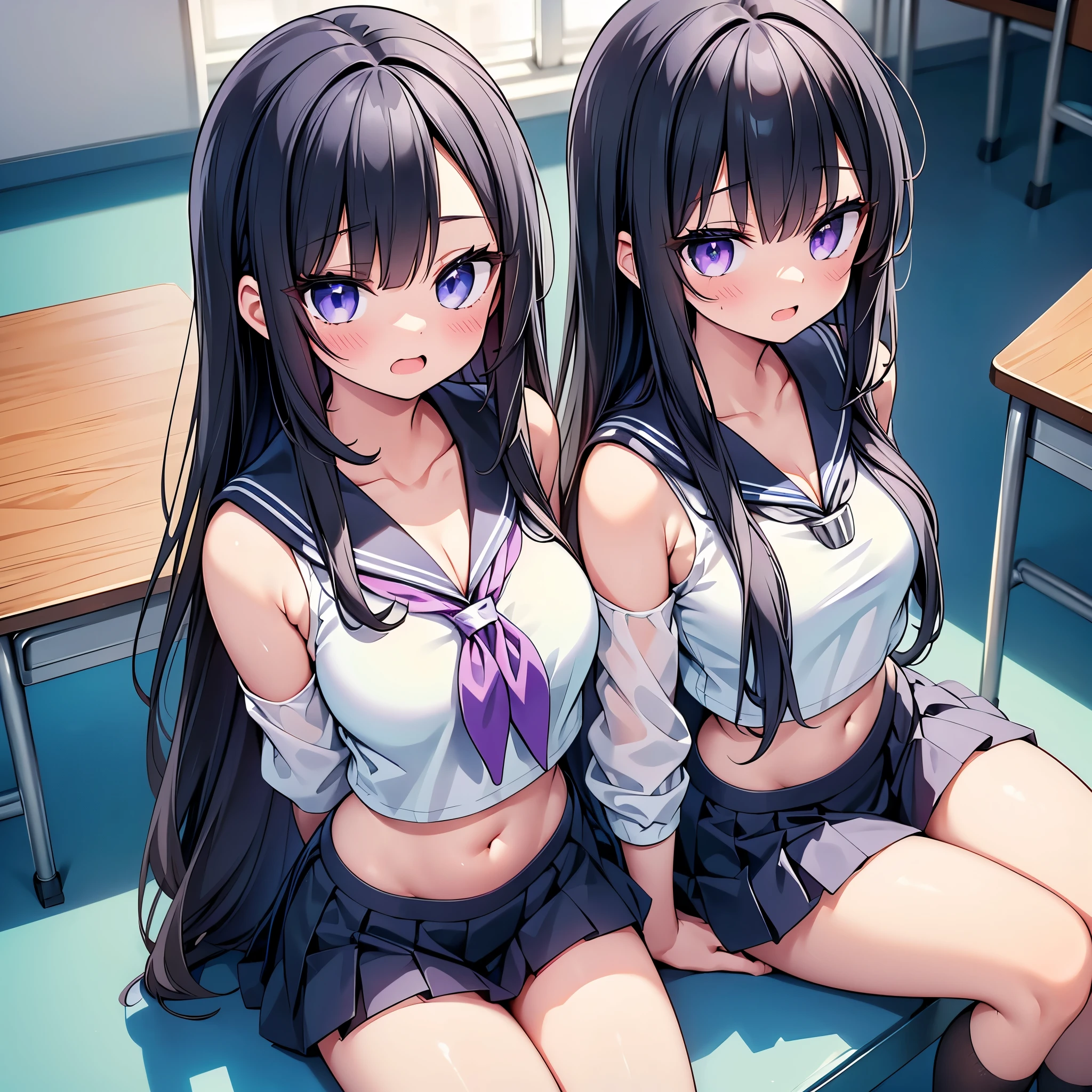 (cute eyes:1.2), (sparkling eyes:1.2), (8K、Best image quality、highest quality、masterpiece)、Detailed face、(2 girls)、Improve、(Black Hair, Purple Eyes, long hair)、(open mouth), (embarrassed), (skinny body:1.3),(midium breasts), (shoulder off sailor uniform:1.2), (cleavage), (crop top navel), Sit on a chair, Classroom Background, (black stockings:1.1), (Thighs:1.1), (Waistline:1.1),(close-up shot of bust), (from above:1.2)