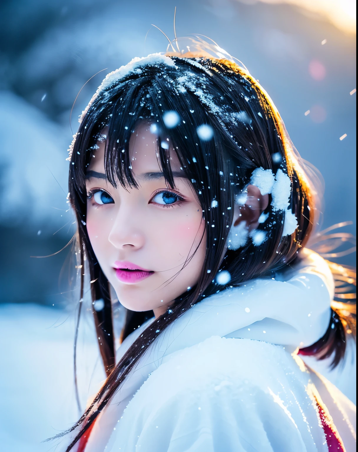 (highest quality, 8k, High resolution, masterpiece:1.5, ), Beautiful Japanese Girl, Snow Girl, 20-year-old, Perfect Human Anatomy, Big magic eye, Serious expression, Detail of windblown black hair, Long hair that shines like the aurora, Asymmetrical bangs, Smooth and soft white skin, ((White kimono)), High-quality fabric, (Colorful glowing snow effect:1.3), ((Snowy mountains in a blizzard)), Professional Lighting, Professional Photographer, Professional Model