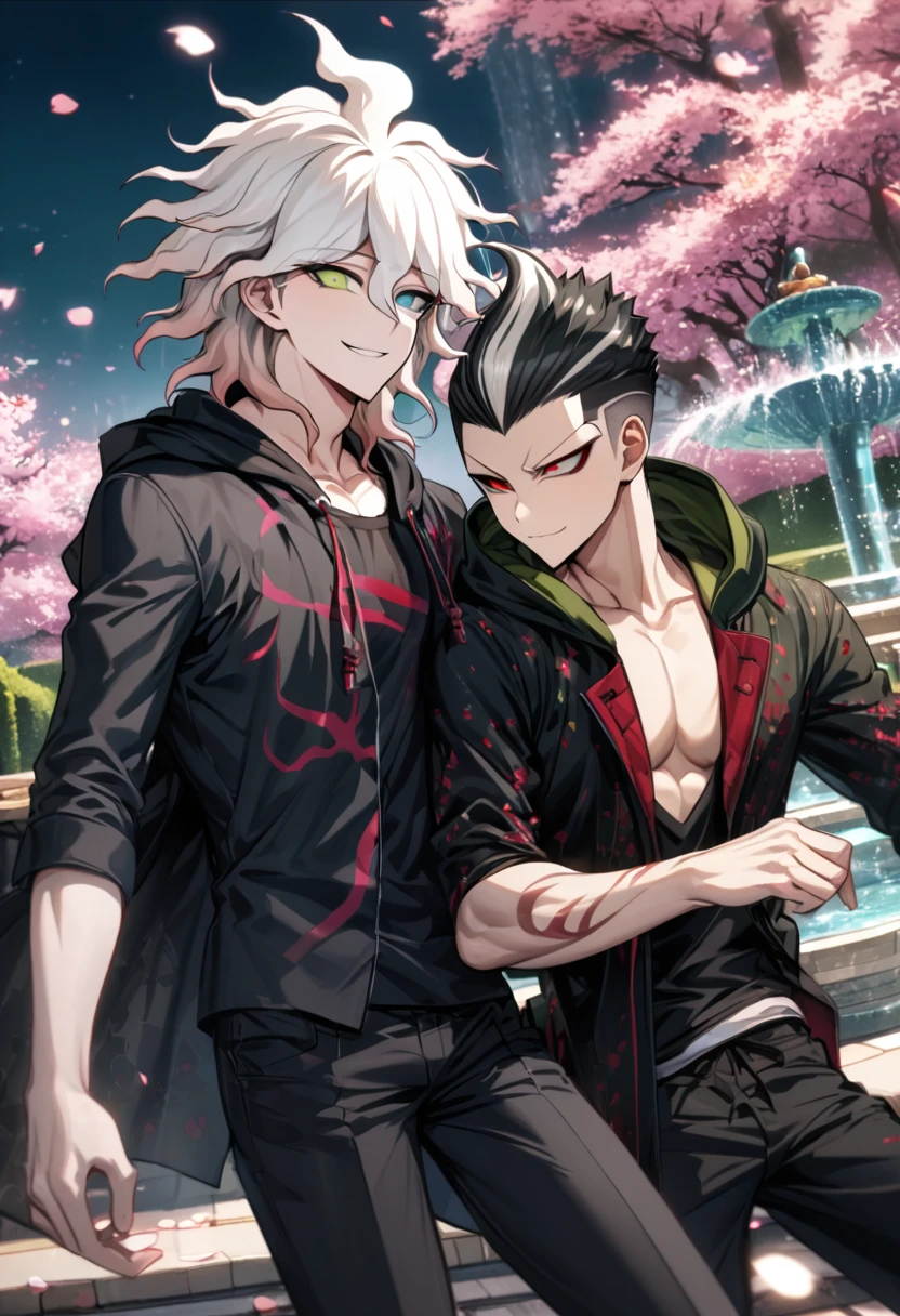 (1boy and 1girl, masterpiece, 16k ultra-fine quality) A Dark skinned young anime man, side swept silver hair, fiery light blue eyes, producing blue fire out of his fist, wearing a blue combat trench coat over a black tank top with black slacks and a chain on the hip, steel necklace with a blue dragon pendant around his neck, with sleeves rolled up to his elbows, sharing a kiss with a cheerful Dark skinned anime girl with long white rabbit ears, cherry blossoms petals  surrounding her, wearing a pink kimono with Sakura flowers printed on it, white fishnet stockings, snow white hair fading to neon pink. gorgeous tan skin, heterochromia with a pink left eye and a blue right eye. Sakura petal tattoos on her cheeks. beautiful sexy anime pose, inspired by Bian Shoumin, official illustration, shigenori soejima illustration, anime portrait of a beautiful girl, heterochromatic eyes, official art, official character illustration, sexy anime girl with mixed white and neon pink short hair, cute girl with bunny ears, official character art, highly detailed exquisite fan art, couple sexy kissing pose