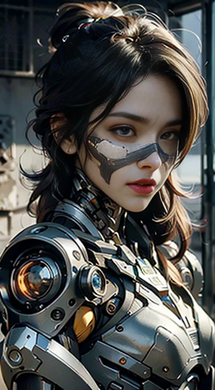 Textured skin, Super Detail, high details, High quality, Best Quality, hight resolution, 1080p, hard disk, a beauty, Robotic female yellow white Omega Annihilation (War Machine) realistic portrait 8k,
