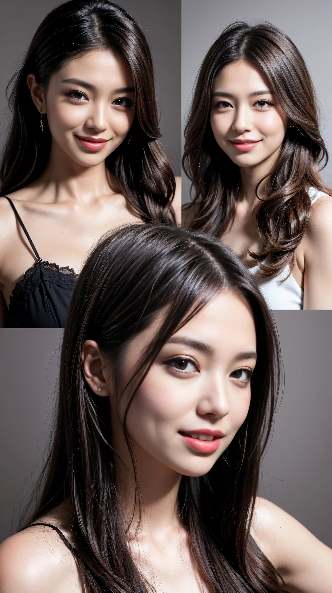 highest quality,masterpiece,Ultra-high resolution,Original photo,Ultra-high resolution,Three beautiful women,Flashy makeup using red eyeshadow,Big smile,Short cut with subtle side waves,Gray background,
