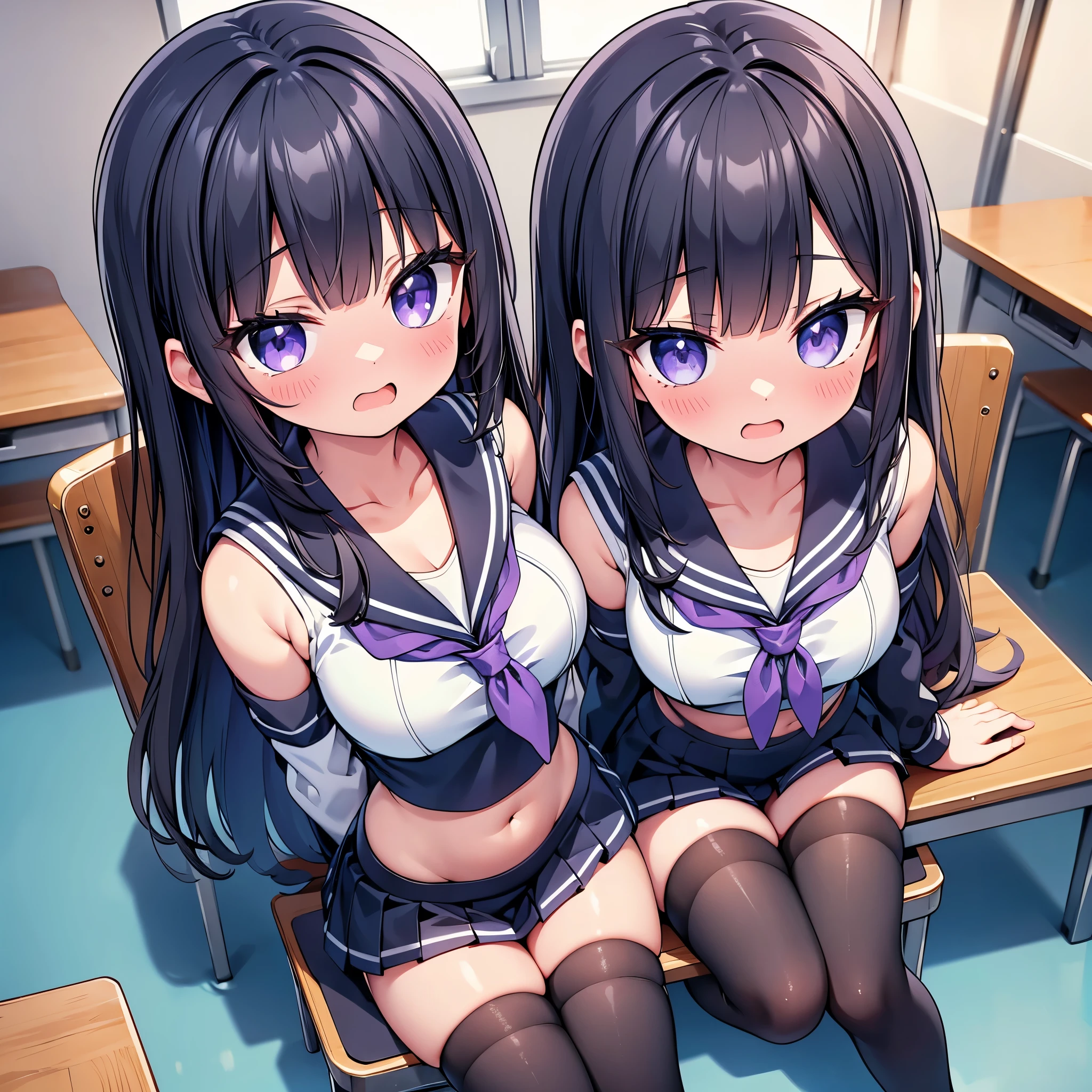 (cute eyes:1.2), (sparkling eyes:1.2), (8K、Best image quality、highest quality、masterpiece)、Detailed face、(2 girls)、Improve、(Black Hair, Purple Eyes, long hair)、(open mouth), (embarrassed), (skinny body:1.3),(midium breasts), (shoulder off sailor uniform:1.2), (cleavage out), (crop top navel:1.2)), Sit on a chair, Classroom Background, (black stockings:1.1), (Thighs:1.2), (Waistline:1.2), (from above:1.2)