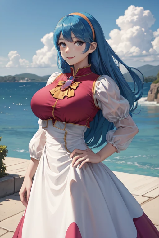 masterpiece, best quality, lufiaTia, hairband, dress, brooch, standing, smile, upper body, portrait, looking at viewer, sky, clouds, large breasts