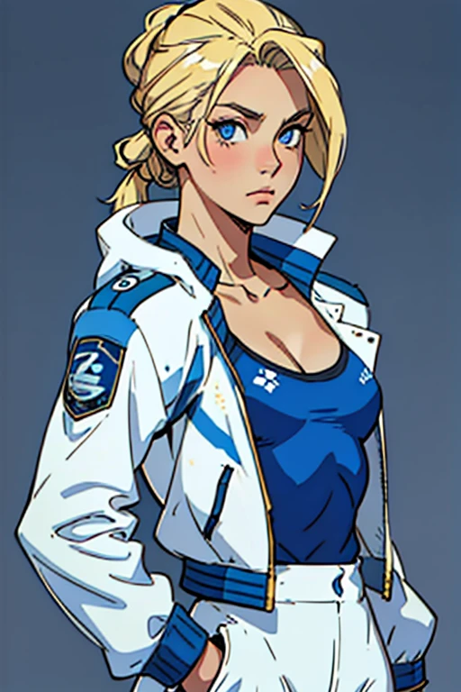 (blonde teenager), 18 years old, blue eyes, (short golden hair), (hair tied back), small breasts. She wears a white sci-fi suit with blue jacket, she wears cleavage on her blous, (simple background)