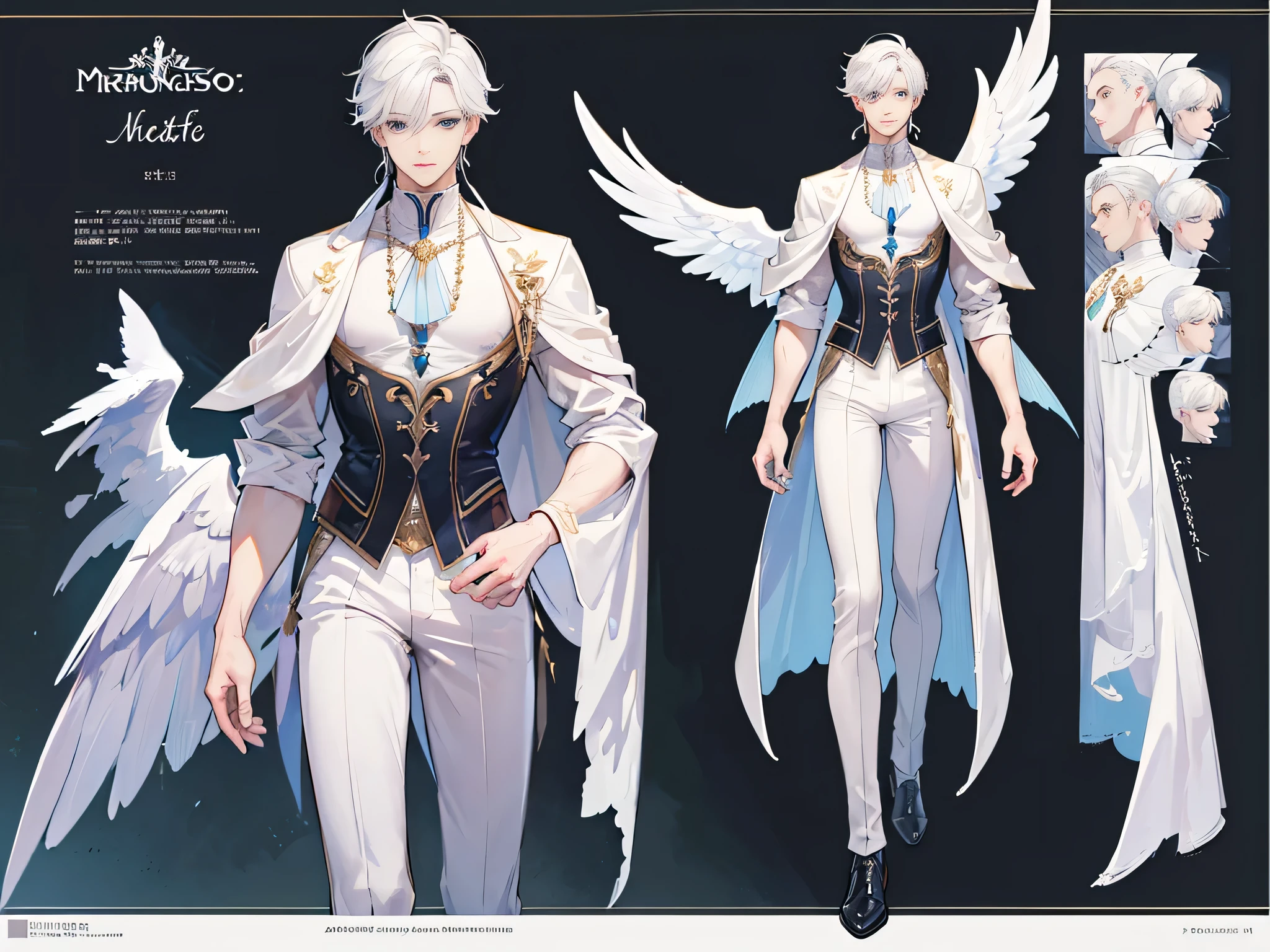 ((Masterpiece, Highest quality)), Male, boy, Detailed face, character design sheet， full bodyesbian, Full of details, frontal body view, back body view, Highly detailed, Depth, Many parts, angel wings, white hair, angel outfit, Muscle boy with white hair，handsome man, male angel , man tall,