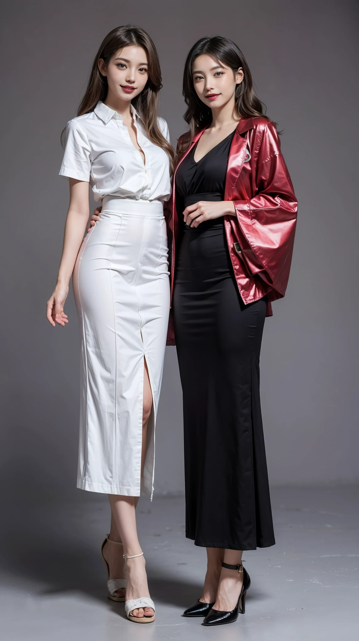highest quality,masterpiece,Ultra-high resolution,Original photo,Ultra-high resolution，Two beautiful women, 25 years old:1.5，Clothing from the Heisei era in Japan，Long legs:1.5，Full Body，Flashy makeup using red eyeshadow，Big smile，Short cut with subtle side waves，whole body，Gray background，